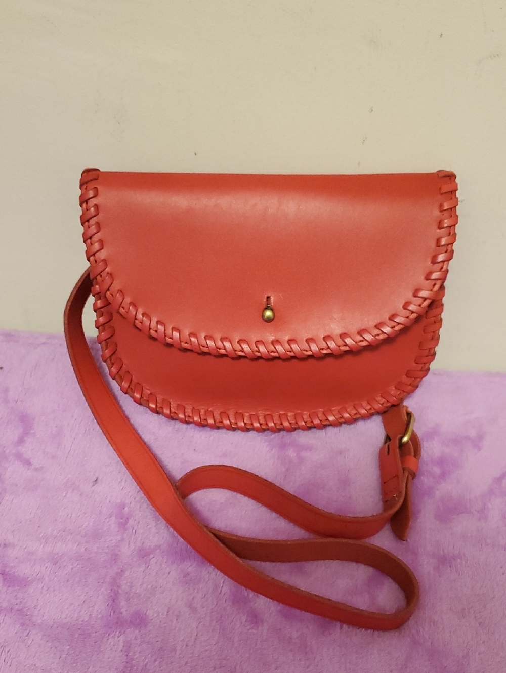 Red Leather Crossbody Bag with Whipstitch Trim